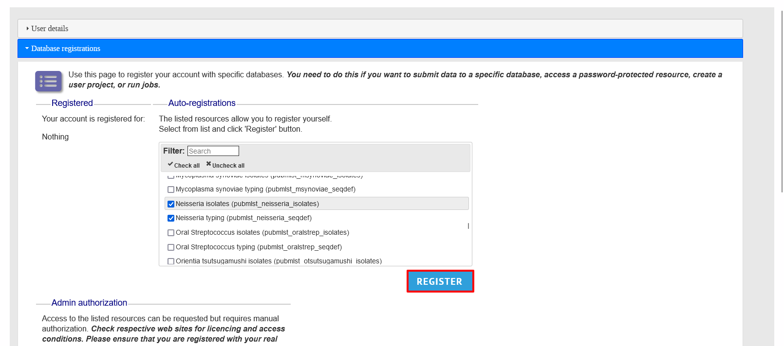 Select databases to register